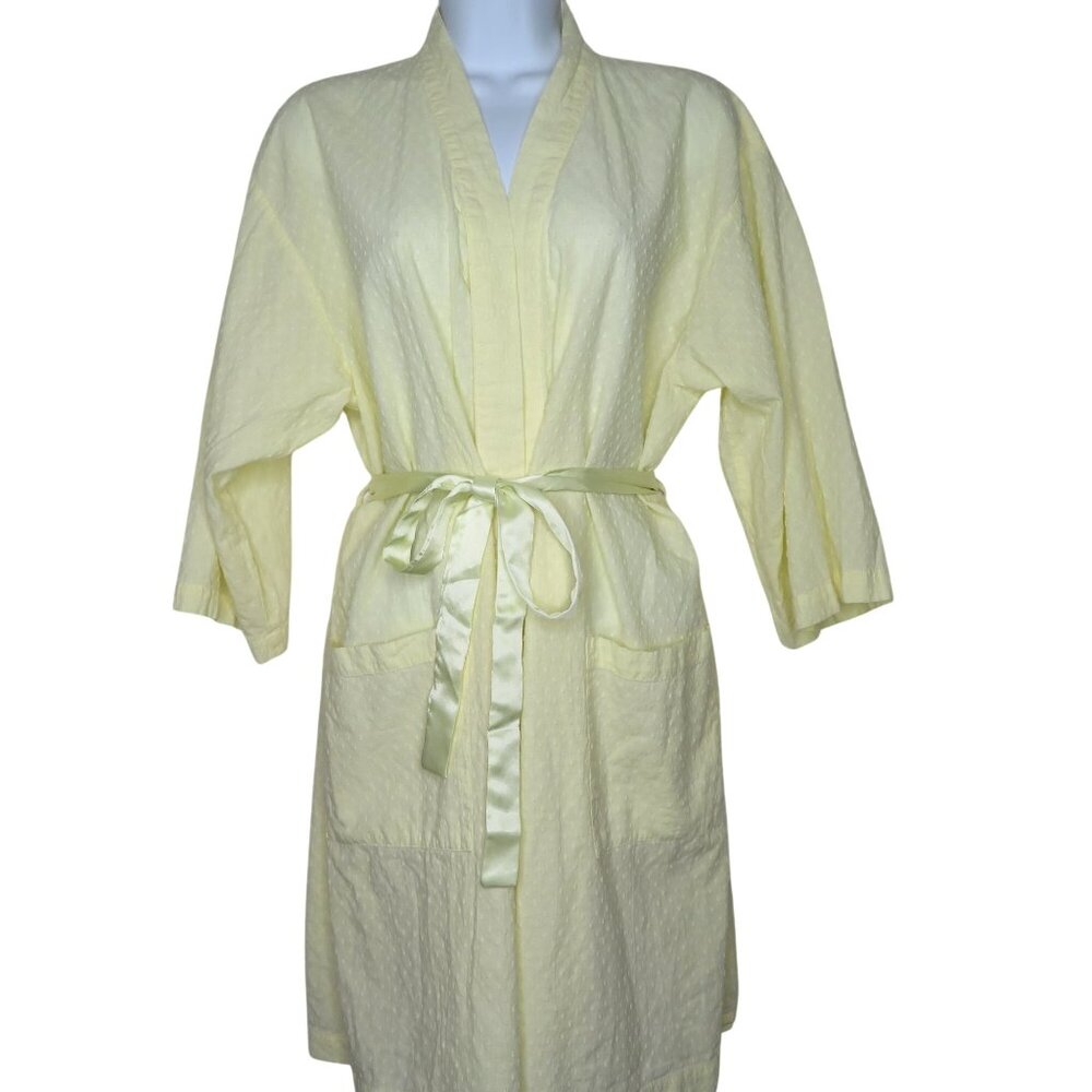 Vintage Womens Yellow Seersucker Cotton Robe Waist Tie Pockets - Size Missy